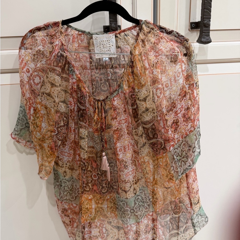 Johnny Was Sheer Silk Tunic Blouse Patchwork Floral Boho Multicolor (108) - Picture 2 of 5